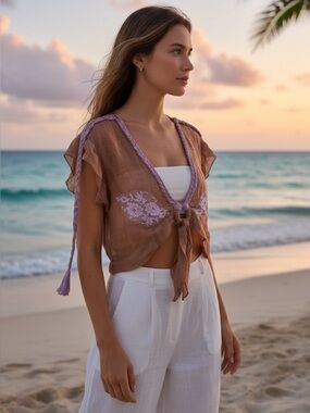 Vanita Rosa / Paris St Barth Brown Purple Linen Top